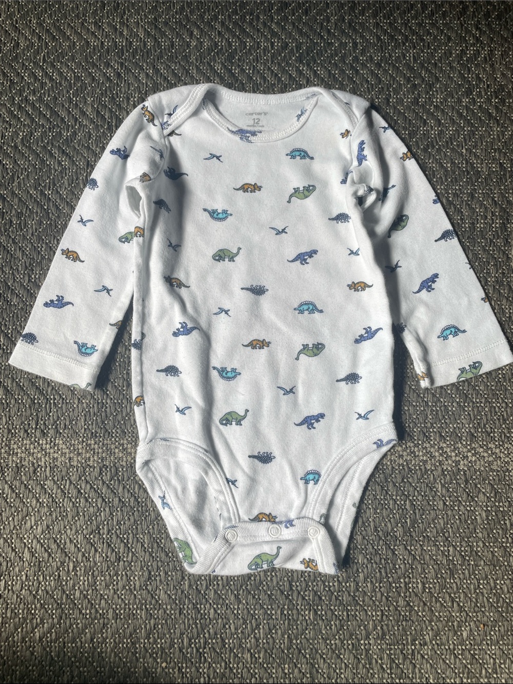Carter's White Long-Sleeve One-Piece with Blue, Green & Tan Dino Print